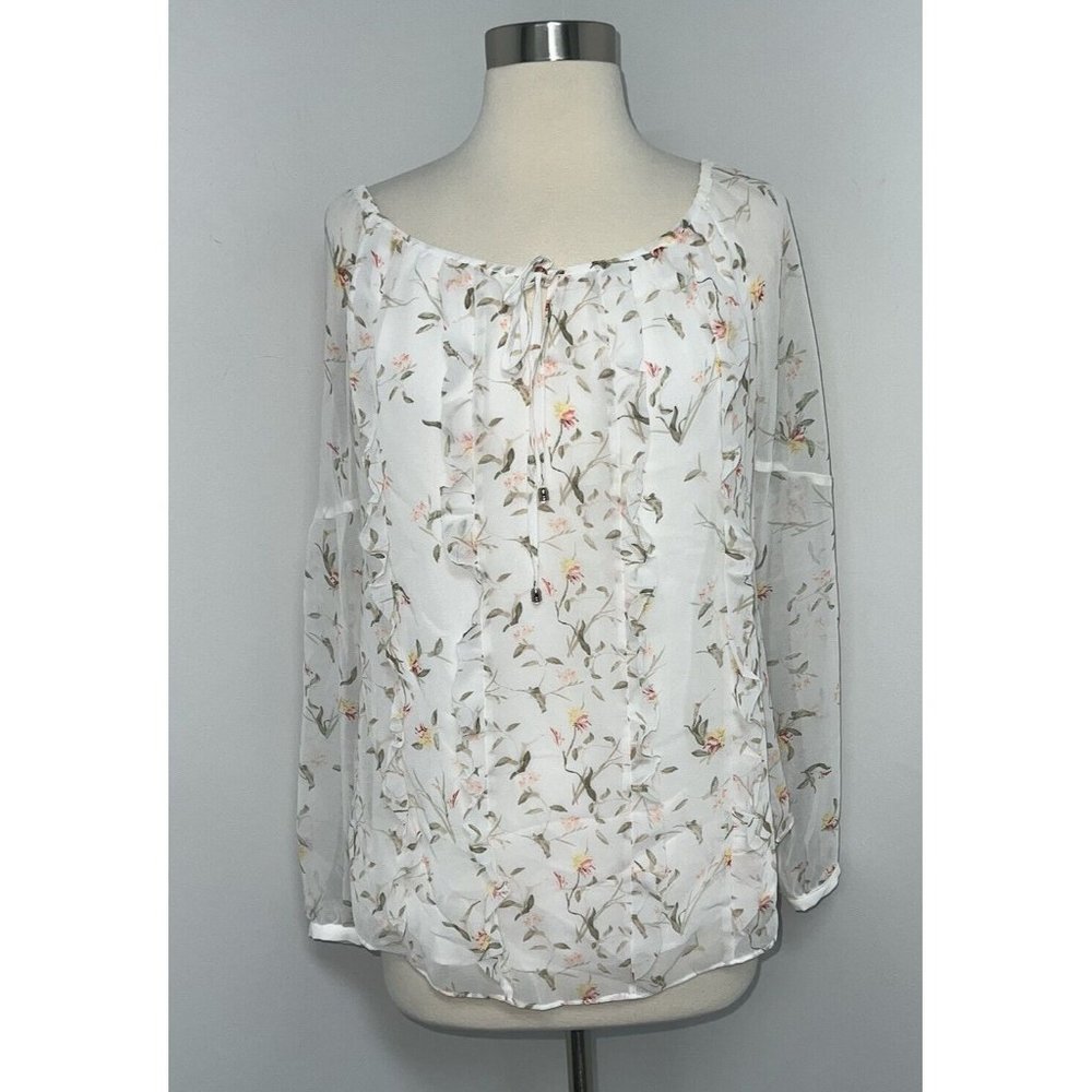 White House Black Market Womens Sheer Floral Blouse SZ 2 White Romantic Cottage